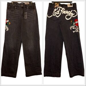 Nwts Ed Hardy Women 30 Brave Hearts Stay True Eagle Wide Leg Jeans Faded Black